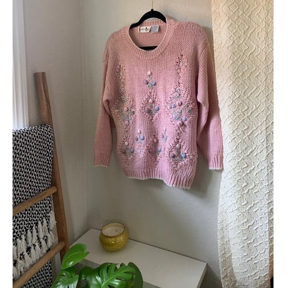 Original Vintage Style Sweaters - 5/$20 💥 Vintage pink Sweater floral  small medium By Design 80s 70s